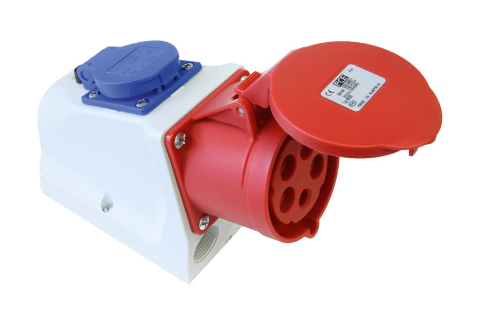 Afbeelding van CEE wcd opbouw 5p  32A 400V 6h rood IP44 + schuko 2p+ra PCE
