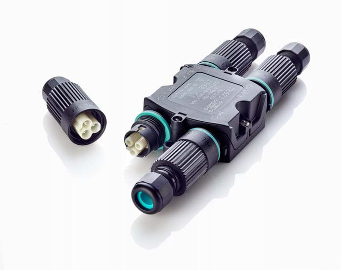 Afbeelding van verdeler TEEBOX 4-weg-H + 4x connector 16A 3-polig schroef IP68 KIT