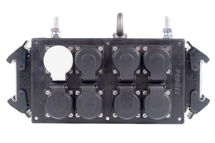 Afbeelding van breakout box 16 polig 1+9 met doorlus>8x schukoZW RA 2xbout Harting