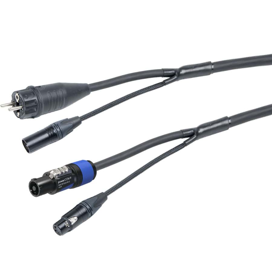 Afbeelding van combi Power+DMX 1,5mm2 Schuko>powerCON 20A + XLR3 zwart  5,0m d15mm