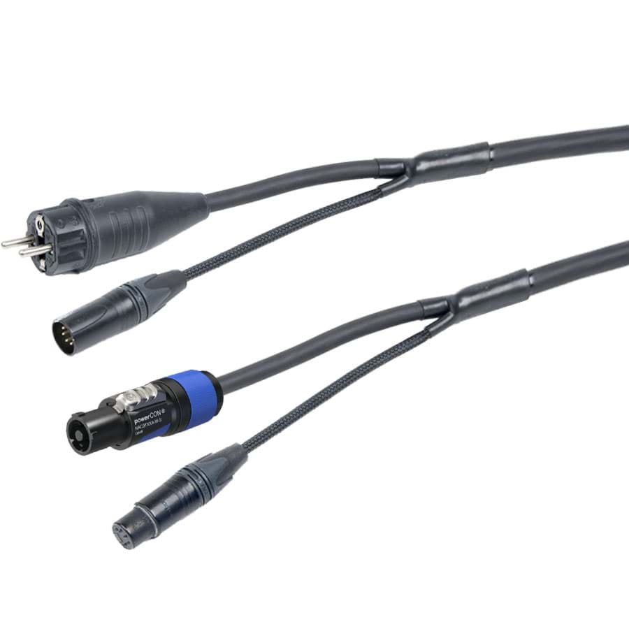 Afbeelding van combi Power+DMX 1,5mm2 Schuko>powerCON 20A + XLR5-1p zwart  1,0m d15mm