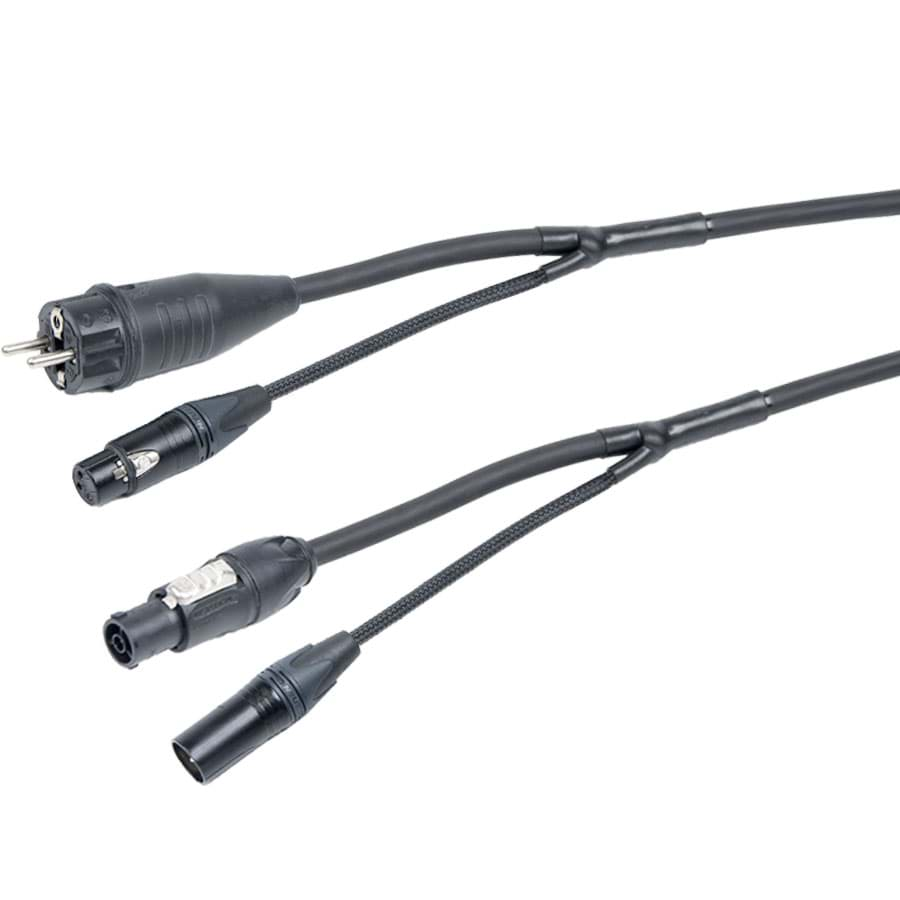 Afbeelding van combi Power+Audio 1,5mm2 Schuko>powerCON TRUE1 + XLR3 zwart 25m d10mm